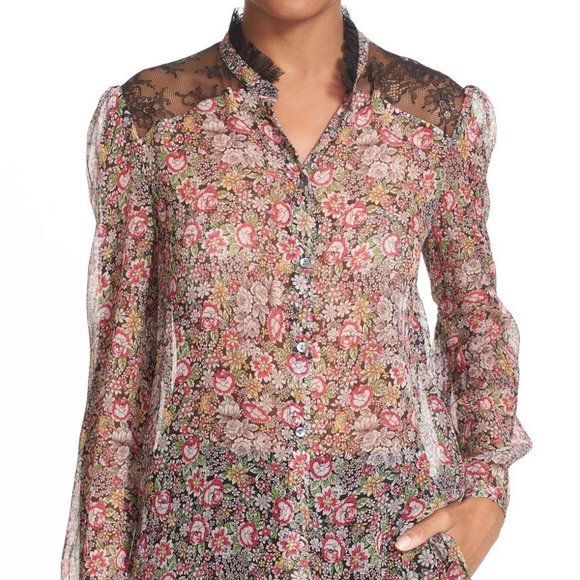 The Kooples Tops - KOOPLES *gorgeous* Sheer Floral Blouse Silk Chiffon Lace Trim